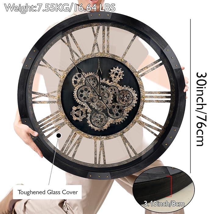 DORBOKER 30" Large Wall Clock Moving Gears,Oversized Industrial Rustic Farmhouse Clocks for Living Room Decor Office Home, Solid Wood Retro Metal HD Tempered Glass Cover,Black and Vintage Bronze-Ruum Studio Home