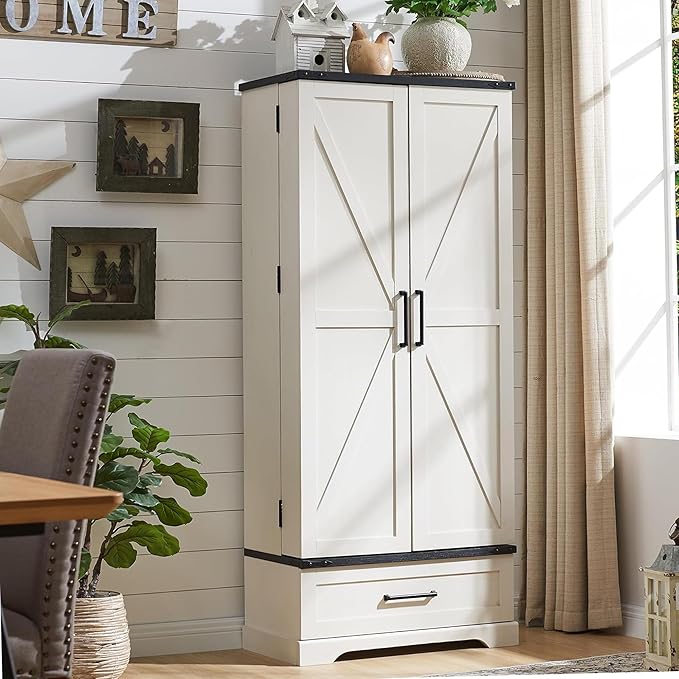 72" Farmhouse Kitchen Pantry Cabinet with Drawer, Tall Storage Cabinet with 2 Barn Doors and Shelves, Versatile Large Rustic Cupboard for Dining Room, Bathroom, Living Room, Laudry, White-Ruum Studio Home