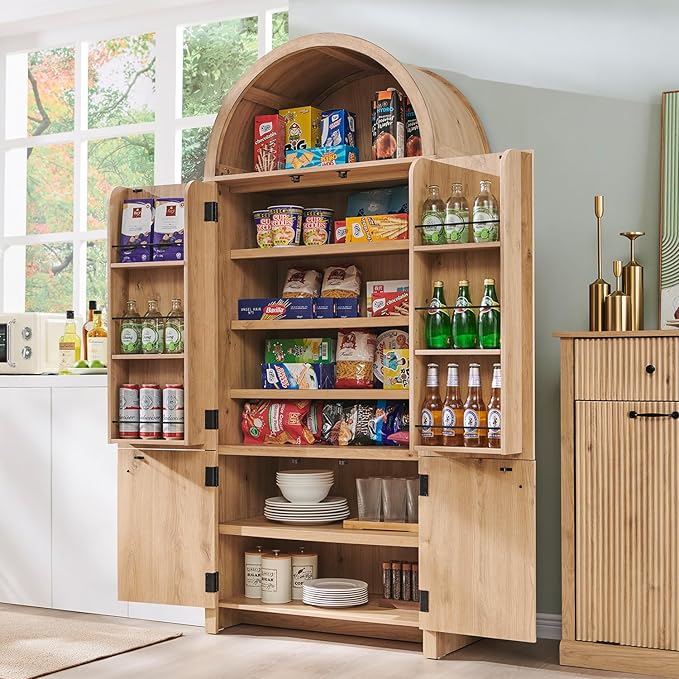 71" Tall Arched Bathroom Storage Cabinet, Modern Fluted Storage Cabinet w/Doors, 3 Adjustable Shelves, 6 Door Shelves, Wood Freestanding Cabinet for Bathroom, Entryway, Hallway, Natural-Ruum Studio Home