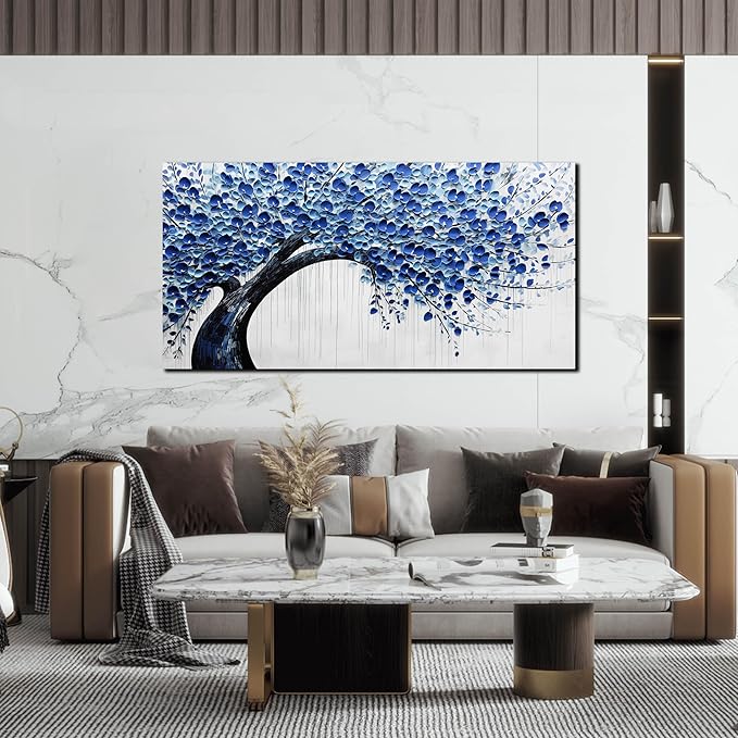 Large Wall Art for Living Room Bedroom Home Office Blue Tree of Life Wall Art Floral Picture Framed Wall Decor Modern Canvas Prints 24x48 In-Ruum Studio Home