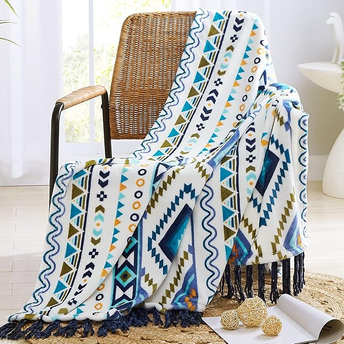 CASAAGUSTO Boho Throw Blanket - Blue and White Decorative Blankets with Tassel, Printed Flannel Bohemian Blanket for Chair, Bed, Sofa, Couch(50 * 60, Blue and White)-Ruum Studio Home