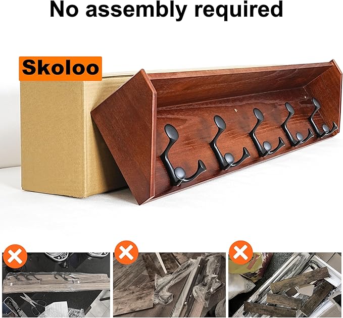 SKOLOO Wall Shelf with Hooks, 24-Inch Cherry Coat Rack Wall Mount with Shelf Organizer - Lightweight & Sturdy, 5 Tri Hooks - Perfect for Entryway, Hallway, Living Room, Bedroom, Mudroom-Ruum Studio Home