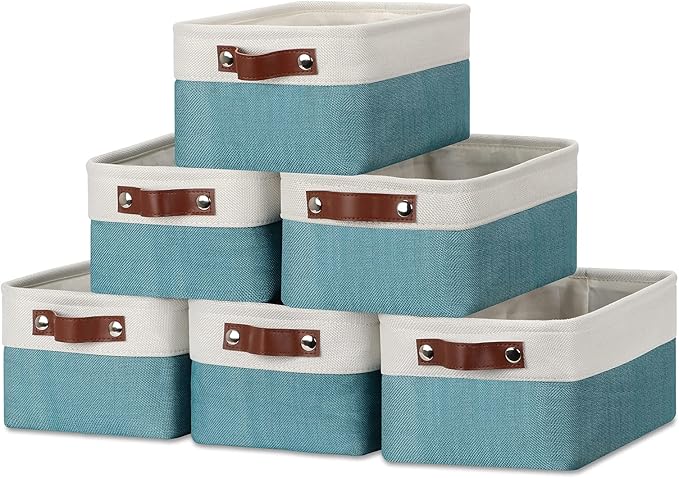 DULLEMELO Storage Baskets Bins for Organizing, Small Fabric Baskets for Shelves, Closets, Nursery, Home, Office, Empty Gift Baskets (6-Pack, White&Teal)-Ruum Studio Home