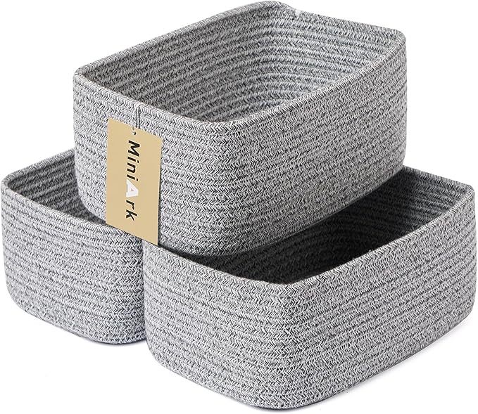 Small Storage Baskets for Organizing | Closet Organizer Bins | Shelf Toy Basket | Woven Rope Baskets | Cube Decorative Box | Shallow Basket | 11.5x7.5x4.7” | 3 Packs Mixed Grey-Ruum Studio Home