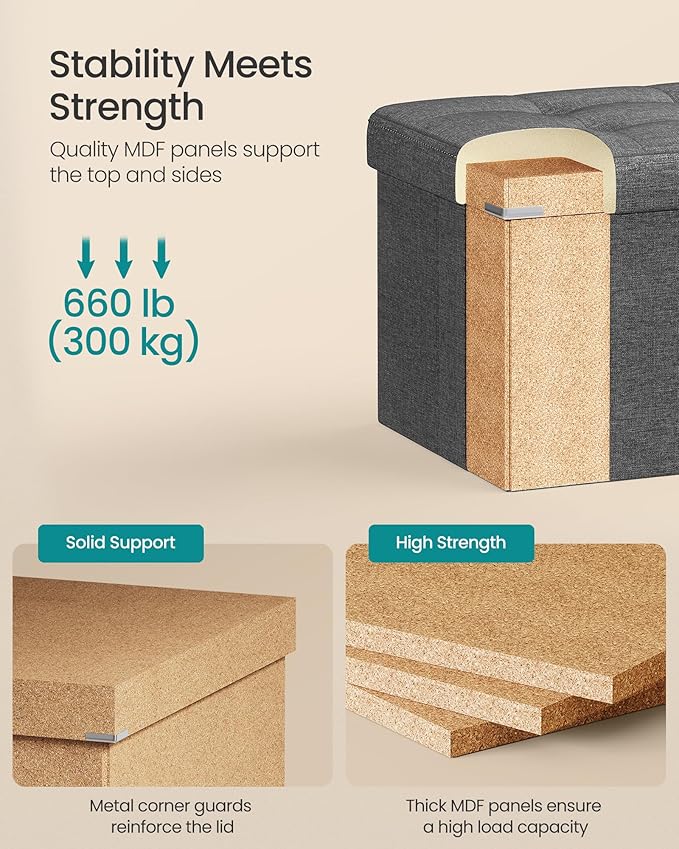 SONGMICS MAZIE Collection - 43 Inches Folding Storage Ottoman Bench, Ottoman Foot Rest, End of Bed Bench, Storage Chest, Load 660 lb, for Living Room, Bedroom, Entryway, Dark Gray ULSF77K-Ruum Studio Home