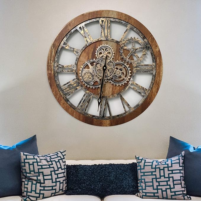 The Gears Clock The Original Real Moving Gear Wall Clock Vintage Industrial Oversized Rustic Farmhouse (24 inch (60cm), Vintage Brown)-Ruum Studio Home