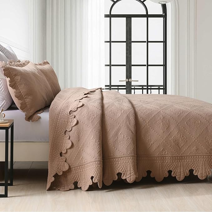 MarCielo 3-Piece 100% Cotton Oversized Bedspread Lightweight Quilt Coverlet Embroidery Farmhouse Bedding Set (TK Pale Taupe Camel, Oversized King (118"x106"))-Ruum Studio Home