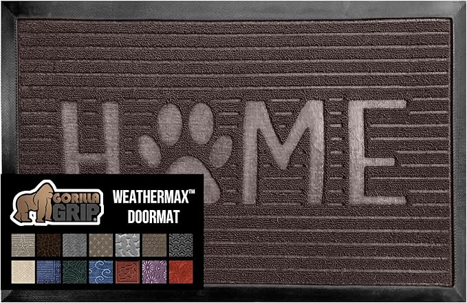 GORILLA GRIP 100% Waterproof All-Season WeatherMax Doormat 35x23, US Designed Natural Rubber, Stain and Fade Resistant, Low Profile Indoor Outdoor Door Mats, Easy Clean Patio Mat, Espresso Home Paw-Ruum Studio Home