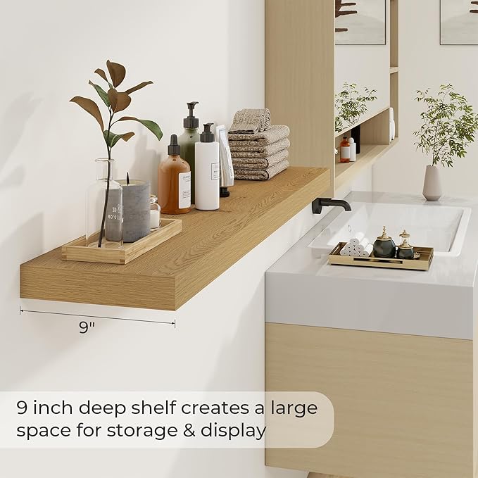 48 inch Floating Shelves for Wall Large Wall Mounted Shelves with Invisible Brackets, Oak Long Shelves for Bathroom, Living Room, Kitchen, Office, 48x9.1 inch deep Set of 2-Ruum Studio Home