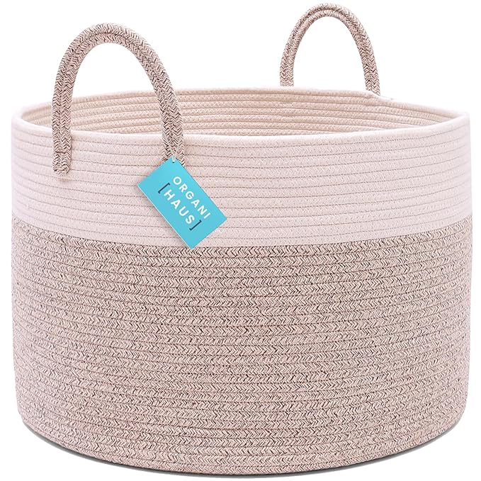 OrganiHaus Woven Laundry Basket, Large Cotton Rope Blanket Holder with Handles, Soft & Sturdy Nursery Hamper, Decorative Toy Bin for Living Room Organization 20x13 inches - Brown/Off-White-Ruum Studio Home