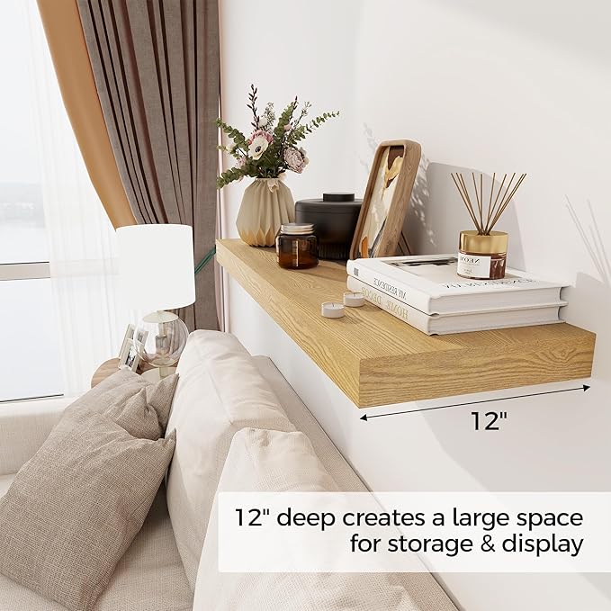 Floating Shelves 36 Inch Long, 12 Inch Deep Floating Shelves for Wall, 36 x 12 Shelves for Wall Storage & Display, 2" Thick Floating Shelf for Bathroom, Living Room, Bedroom, Oak Color, Set of 2-Ruum Studio Home