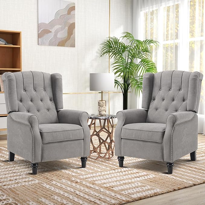 EBELLO 2 Pcs Pushback Recliner Chairs, Fabric Armchair Push Back Recliner with Rivet Decoration, Single Sofa Accent Chair for Living Room, Bedroom, Grey-Ruum Studio Home