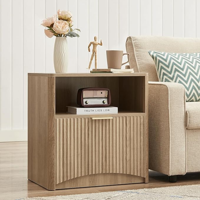 Fluted Nightstand Set of 2, Natural Oak Bedside Table with Drawer and Storage, Wood End Table Mid Century Modern, Large Night Stand for Bedroom-Ruum Studio Home
