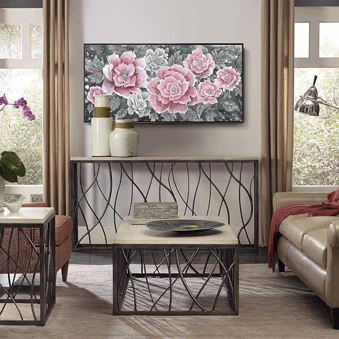 Large Pink Wall Art for Living Room- Pink and Black Peony Floral Canvas Wall Art Modern Framed Moody Black and White Wall Picture Flower Artwork Decor for Bedroom Dining Room Office 48x24-Ruum Studio Home