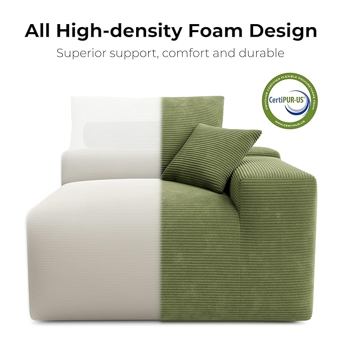 LIKIMIO 120" Modern L-Shaped Modular Sectional Sofa for Living Room, Corduroy Upholstery Green, Oversized 3-Seater Couch with Deep Seat and Movable Ottoman – No Assembly-Ruum Studio Home