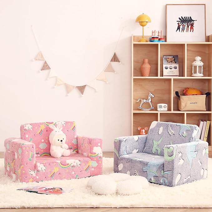 Toddler Chair Kids Couch, 2-in-1 Comfy Armchair with Removable and Washable Cover Carrying Handle, Convertible Reading Chair Toddler Couch for Girls and Boys, Pink Rainbow-Ruum Studio Home