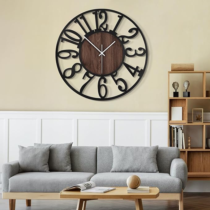 LEIKE 30" Oversized Large Wall Clocks,Silent,Non Ticking,Battery Operated Modern Round Big Wood Decorative Metal Wall Clock for Living Room, Bedroom,Kitchen,Farmhouse,Office Decor - Black,30 Inch-Ruum Studio Home