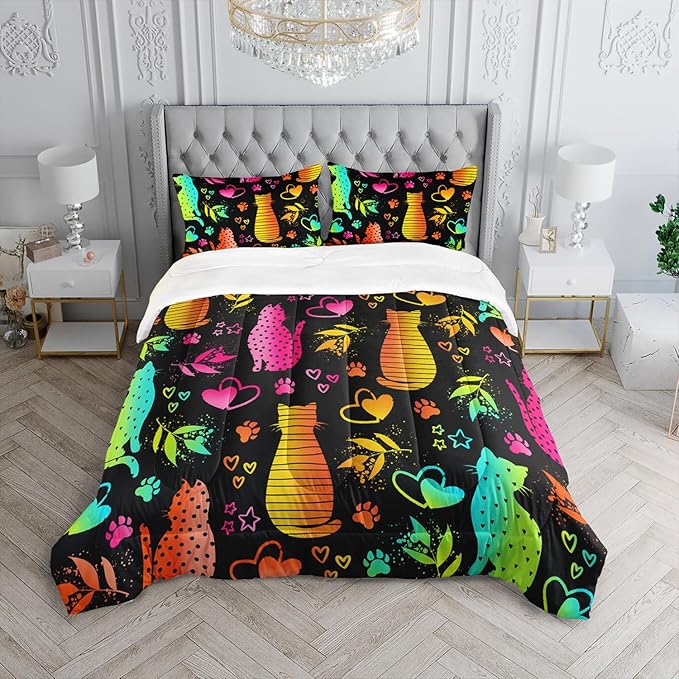 Kawaii Cat Animal Comforter 3Pcs Full Lovely Pet Cat Bedding Set for Kid Teen Girl Boy Adult Room Decor Cartoon Kitten Paw Heart Bamboo Leaf Pattern Quilt with 1 Comforter and 2 Pillowcases-Ruum Studio Home