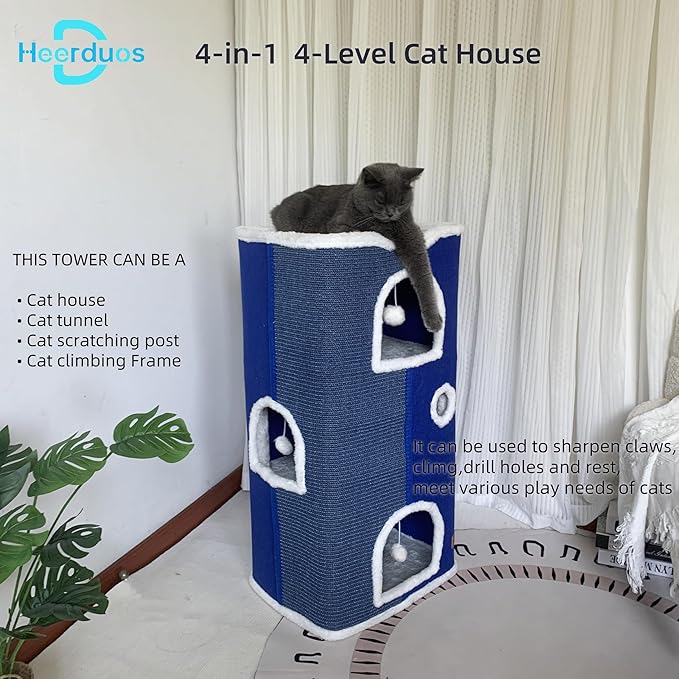 4-Level Cat House for Indoor Cats,Covered Cat Beds and Furniture with Scratch Pad,Hideaway Cave &Cushions,Modern Cat Tower Condo for Multi Small Pet and Large Cats Navy Blue-Ruum Studio Home