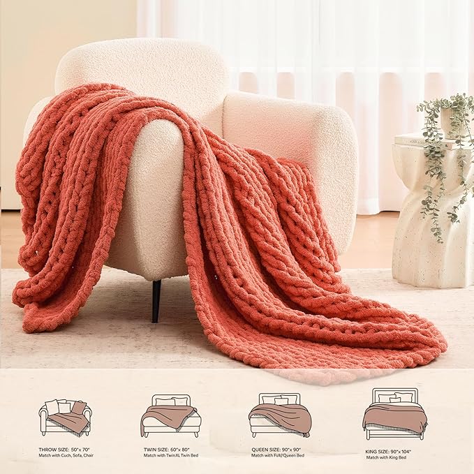 L'AGRATY Chunky Knit Blanket Throw: 50''x60'' Chenille Chunky Knitted Throw Blankets for Bed Couch - Handmade Thick Cable Knit Blanket - Large Crochet Rope Blankets for Home Decor(Coral Pink)-Ruum Studio Home