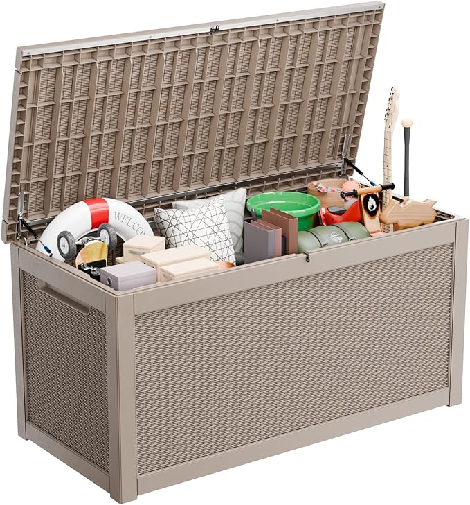 260 Gallon Large Resin Deck Box, Lockable Outdoor Storage Box for Patio Cushions Storage Furniture,Garden Tools, Pool Supplies, Weatherproof and UV Resistant- Grey Rattan (260 Gallon)-Ruum Studio Home