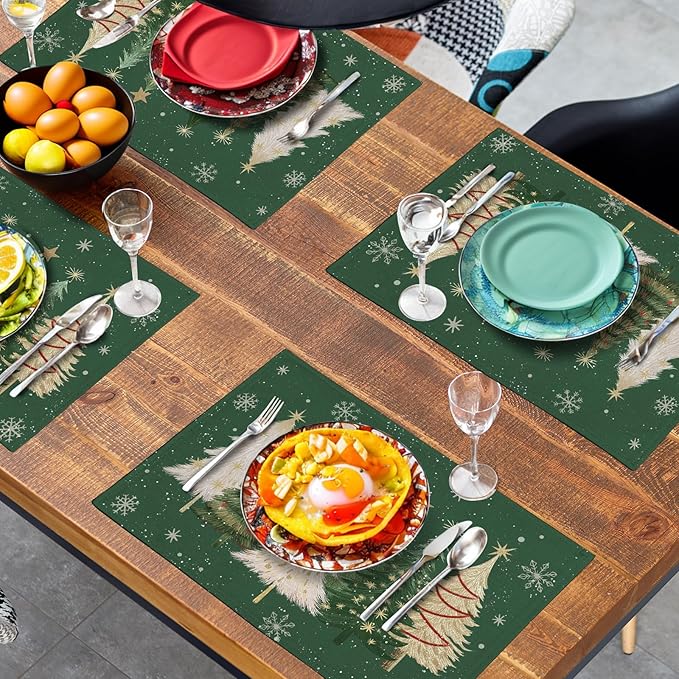 Green Christmas Tree Placemats Set of 4, 12x18 Inch Xmas Trees Snowflakes Winter Holiday Place Mats Seasonal Washable Linen Table Mats for Indoor Outdoor Kitchen Dining Party Décor-Ruum Studio Home
