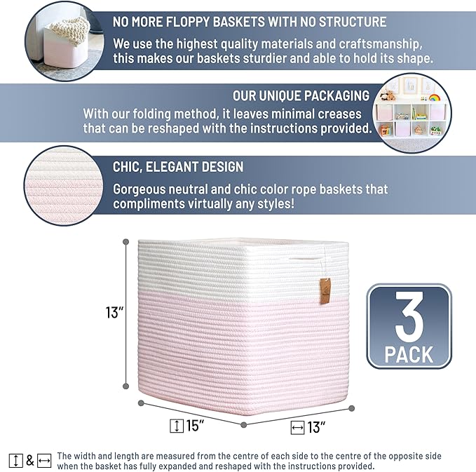 NaturalCozy 13x15x13 Kallax Storage Cubes, 3 Pack | Cotton Rope Cube Storage Bins Woven Baskets for Organizing | Kallax Insert Baskets for Shelves Organizer, Kids Toy, Pantry, Closet, Baby Nursery-Ruum Studio Home