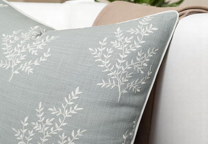 VAGMINE Embroidered Leaves Throw Pillow Cover - 18x18 Inches Square - 100% Cotton Robins Egg Decorative Cushion Cover - Coastal Inspired Leaf Stitch - Stylish Home Accent for Sofa, Couch, Bedroom-Ruum Studio Home