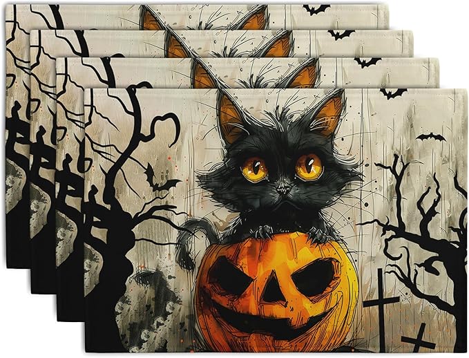Halloween Black Cat Pumpkin 12x18 Placemats Set of 4 Happy Halloween Bat Branch Linen Table Place Mat Seasonal Fall Washable Heat Resistant Non Slip Table Placemats for Party Kitchen Dining Decor-Ruum Studio Home