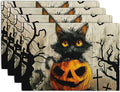 Halloween Black Cat Pumpkin 12x18 Placemats Set of 4 Happy Halloween Bat Branch Linen Table Place Mat Seasonal Fall Washable Heat Resistant Non Slip Table Placemats for Party Kitchen Dining Decor-Ruum Studio Home