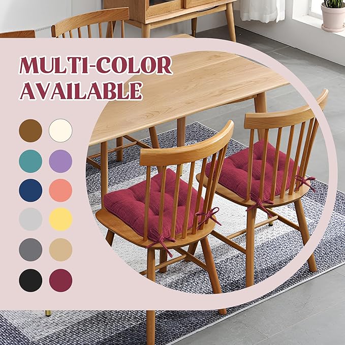 puredown® Chair Cushions for Dining Chairs, Tufted Memory Foam Chair Pads with Non-Slip Backing, Kitchen Seat Cushions with Ties, Washable Pads Set of 4, 15.5" x 15.5" x 4", Wine-Ruum Studio Home