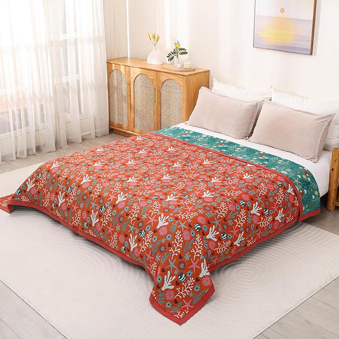 Boho Throw Blanket, 100% Organic Cotton Skin-Friendly Breathable Ultra Soft Bed Quilt Throw - All Season Blue & Red FishFarmhouse Decor Blanket for Sofa Couch Chair and Gift. 60" x 80"-Ruum Studio Home