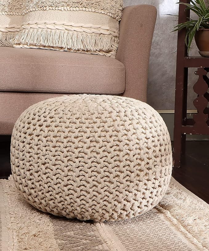 REDEARTH Round Pouf Ottoman - Cable Knitted Boho Poof - Home Décor Cord Pouffe Handmade Circular Footrest for Living Room - Bedroom - Kids Bedroom - 100% Cotton Pouf (18" x 18" x 14") - Ivory-Ruum Studio Home