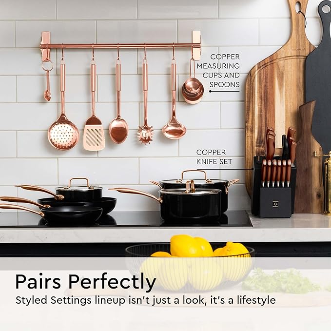 Copper Cooking Utensils Set – 5-Piece Rose Gold Stainless Steel Kitchen Tools for Cooking and Serving Includes Ladle, Spoon, Pasta Fork, Spatula, and Skimmer – Stylish Copper Kitchen Accessories-Ruum Studio Home