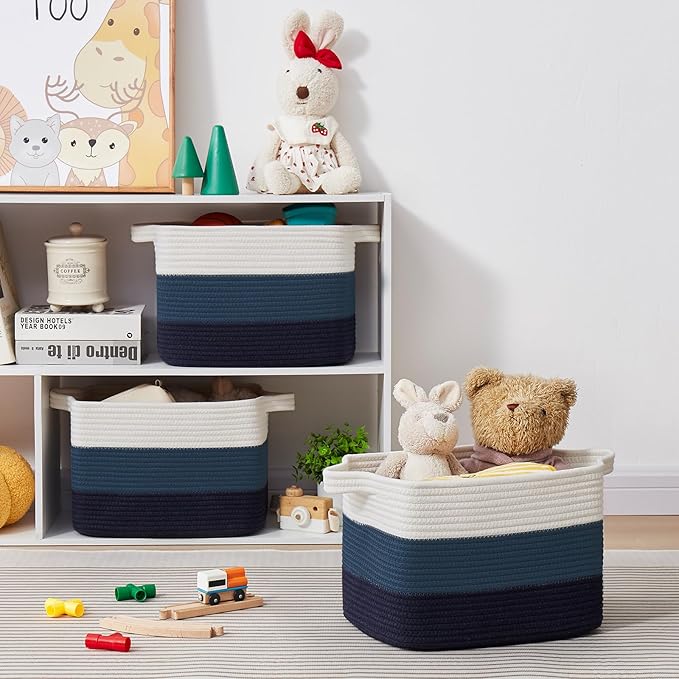 Storage Basket for Organizing, Woven Baskets for Storage, Rectangle Decorative Baskets for Shleves, Closet, Toys, Books, Nursery Organizer Bins - Pack of 3 (Gradient Blue)-Ruum Studio Home