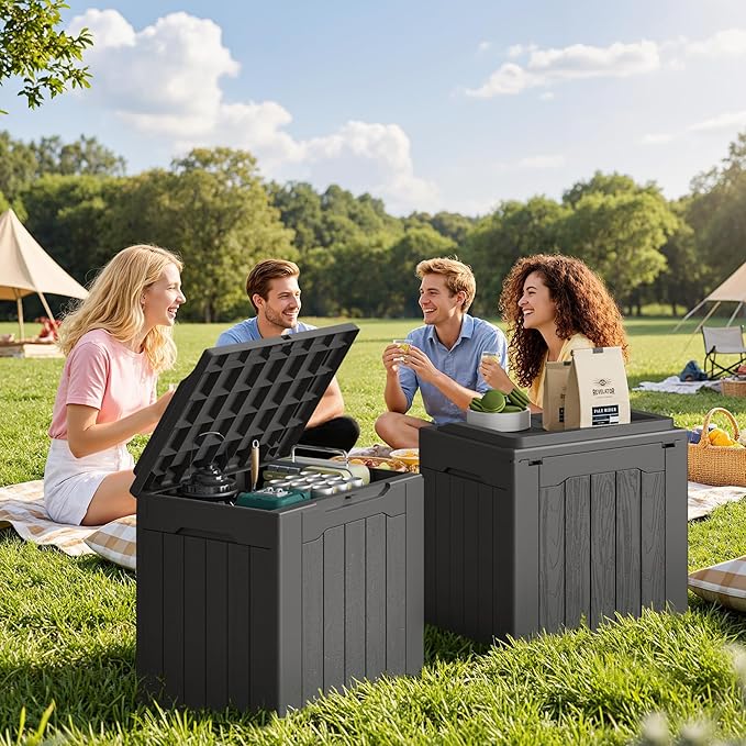 JUMMICO 31 Gallon Resin Deck Box Waterproof Indoor Outdoor Storage Boxes for Patio Furniture Cushions and Garden Tools (Gray, 31gallon-2 Packs)-Ruum Studio Home
