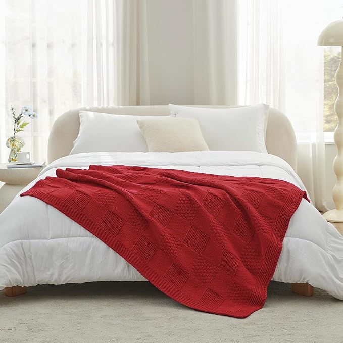 Amélie Home Chenille Knit Throw Blanket for Couch, Checkered Texture Decorative Soft Blanket for Sofa, Bed & Living Room, 50"x60", Red-Ruum Studio Home