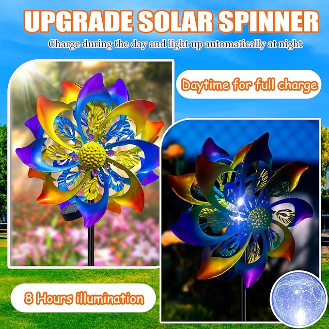 60 Inch Solar Wind Spinner Outdoor - Double-Sided Rotating Colorful Kinetic Wind Spinners for Garden, Yard Decorations Outdoor,Metal Wind Sculptures & Spinners, Wind Art-Ruum Studio Home