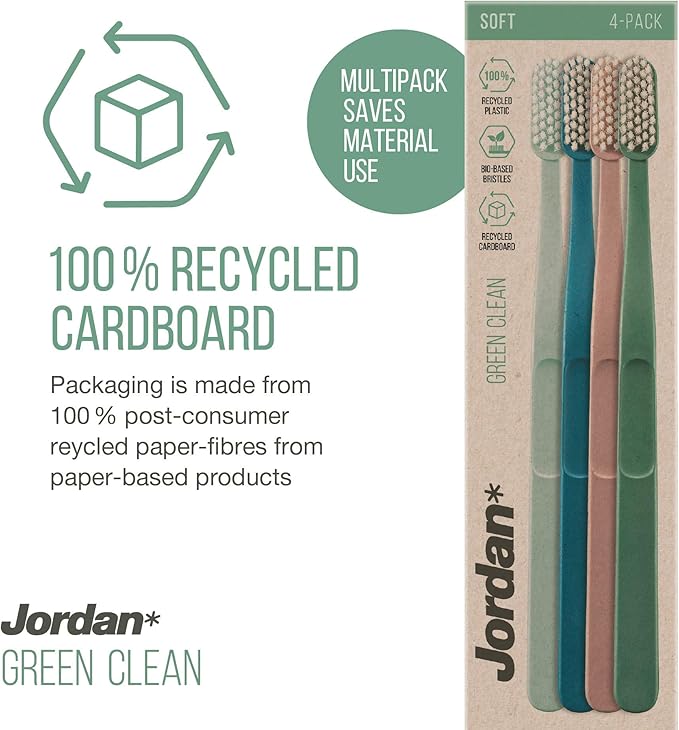 Jordan Green Clean Manual Toothbrush - Sustainable, Scandinavian Design, Soft Bristles, Mixed Colors, 4 Units-Ruum Studio Home