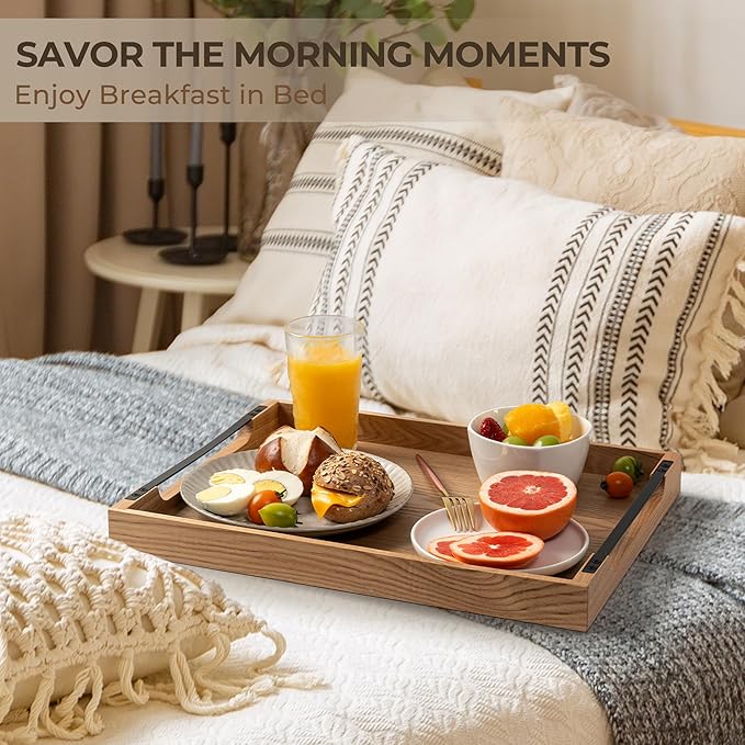 Axeman Wooden Serving Tray with Metal Handles|Ottoman Tray for Breakfast, Bed, Couch|17x13in Ash Wood Coffee Table Trays|Food Drinks Decorative Storage Boards for Ottoman Kitchen, Natural-Ruum Studio Home