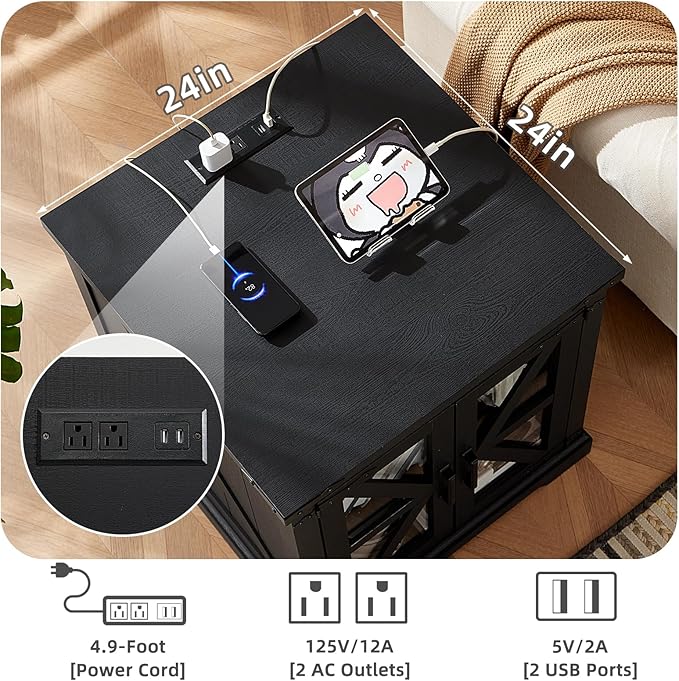 24" End Table Set of 2 with Charging Station, Farmhouse Night Stand with Glass Barn Door, Nightstands with Adjustable Storage Shelf, Large Wood Square Bed Side Table for Living Room,Bedroom-Ruum Studio Home