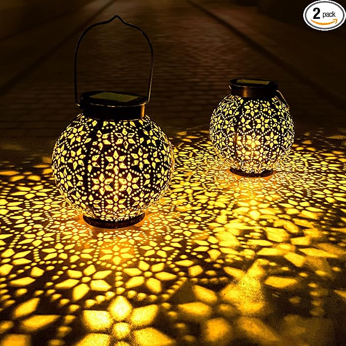 2 Pack Outdoor Solar Lantern Lights, Waterproof Tabletop LED Moroccan Lanterns, Hanging Metal Decorative Garden Lights for Patio, Lawn, Porch, Backyard-Ruum Studio Home