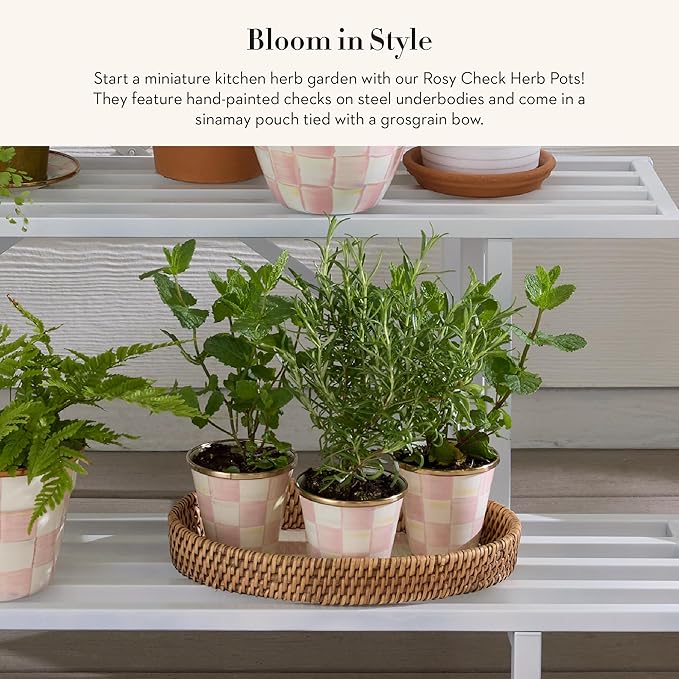 MACKENZIE-CHILDS Enamel Herb Pots, Small Plant Pots for Herbs or Flowers, Set of 3, Pink-and-White Rosy Check-Ruum Studio Home