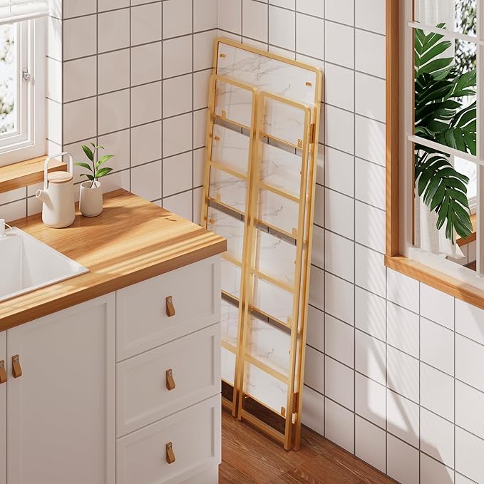 4NM No Assembly Foldable Bookshelf, 4-Shelf Collapsible Bookcase Storage for Small Spaces, 54" H, White and Golden-Ruum Studio Home