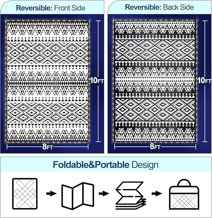 Outdoor Rug Mat with Led Strip Lights for Patio, 8x10ft Waterproof Reversible Plastic Straw Rugs, Camping Carpet Area Mats for RV, Porch, Deck, Backyard, Balcony, Camper, Black & White-Ruum Studio Home