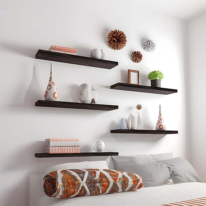 24 Inch Floating Shelves for Wall Rustic Brown Wood Wall Shelves for Bedroom Set of 4-Ruum Studio Home