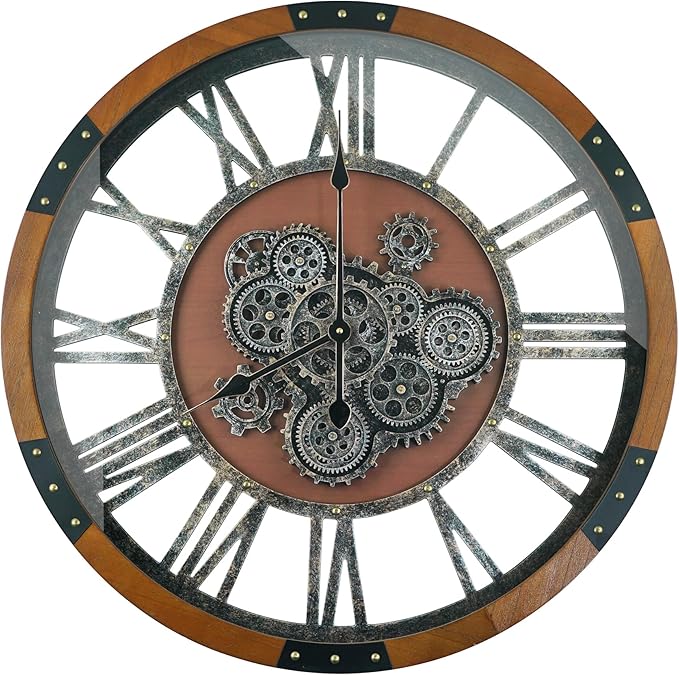 30 Inch Moving Gear Wall Clock, Oversized Wall Clocks, Clock Living Room Decor, Solid Wood Frame, Battery Operated, Large Wall Clock with Steampunk Industrial for Fireplace(Machilus)-Ruum Studio Home
