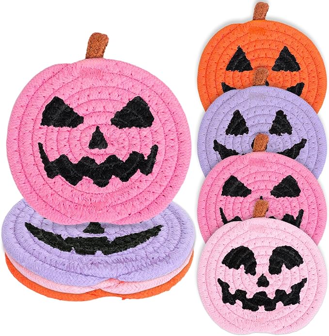 Whaline Halloween Pumpkin Cotton Coasters Colored Pumpkin Face Handmade Braided Drink Coasters Pink Purple Orange Absorbent Cup Mats for Trick or Treat Party Home Table Decor, Set of 4-Ruum Studio Home
