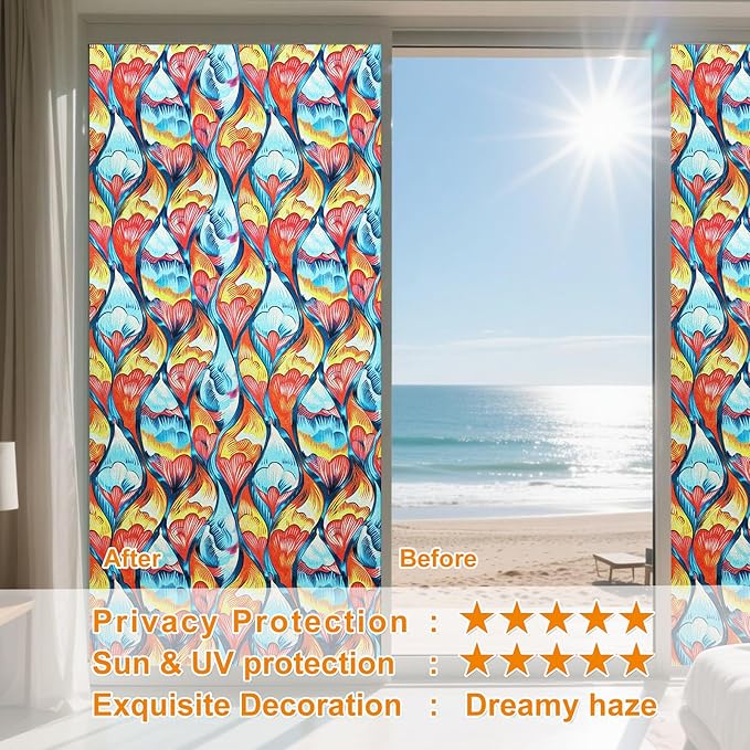 Window Privacy Film Stained Glass Decorative Static Clings Frosted Window Tint for Home Room Decor Bathroom Door Car Stickers with Glittering Effect, Removable(Tulip)-Ruum Studio Home