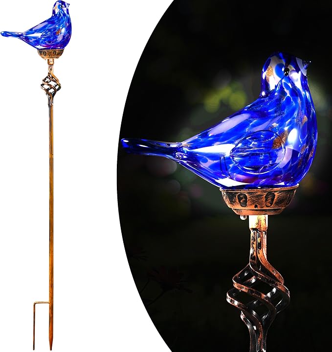 Decorative Solar Lights, Outdoor Solar Bird Stake Lights, Hand Blown Glass Decorative Garden Pathway Lights Outdoor Waterproof Glass Stakes (Dark Blue)-Ruum Studio Home